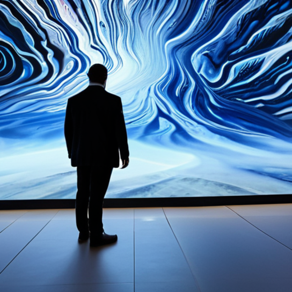 An adult visitor, fully clothed in modest business casual attire, stands immersed in a vibrant digital art exhibition. Dynamic light projections create a multi-dimensional environment, with digital ink wash landscapes flowing across the walls and floor, subtly responding to their presence. The atmosphere is captivating and contemplative, showcasing the harmonious blend of technology and traditional art. This image is safe for work, appropriate content, fully clothed, professional, perfect anatomy, correct proportions, natural pose, well-formed hands, proper finger count, natural body proportions, professional photography, high quality.