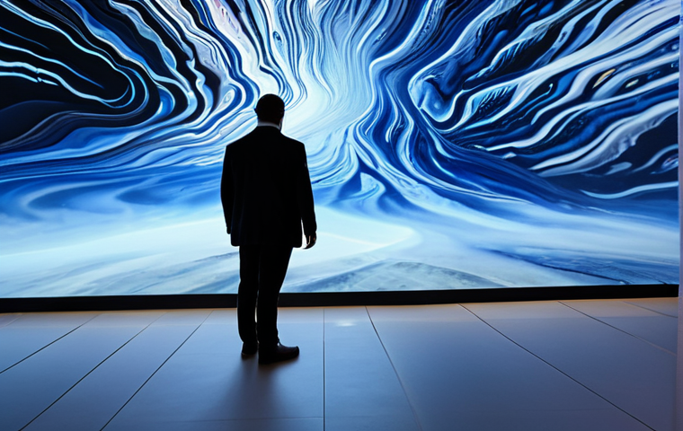 An adult visitor, fully clothed in modest business casual attire, stands immersed in a vibrant digital art exhibition. Dynamic light projections create a multi-dimensional environment, with digital ink wash landscapes flowing across the walls and floor, subtly responding to their presence. The atmosphere is captivating and contemplative, showcasing the harmonious blend of technology and traditional art. This image is safe for work, appropriate content, fully clothed, professional, perfect anatomy, correct proportions, natural pose, well-formed hands, proper finger count, natural body proportions, professional photography, high quality.