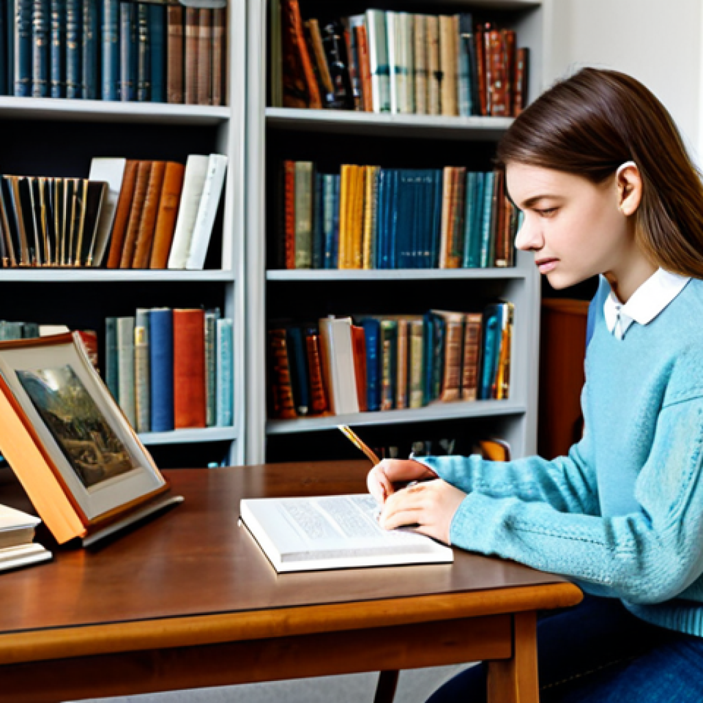 Art History Study**

A young woman studying art history books at a desk, surrounded by images of famous paintings and sculptures. She is wearing a modest sweater and jeans, fully clothed, in a well-lit library. Focus on perfect anatomy, correct proportions, and a natural pose. Include art history textbooks, notes, and a magnifying glass on the desk. Safe for work, appropriate content, professional study environment, family-friendly.

**