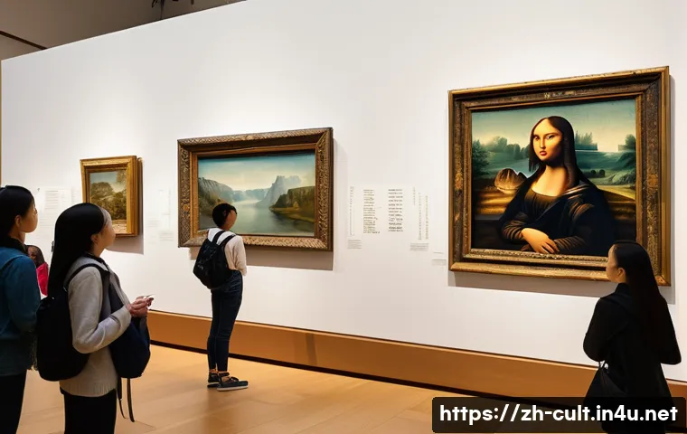 문화예술사로서의 자기계발 - A detailed museum scene featuring a diverse group of visitors admiring Renaissance paintings, includ...
