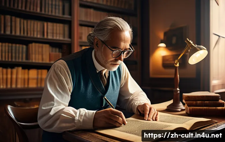 문화예술사로 일하며 만난 어려움과 극복 사례 - An experienced cultural art historian in a cozy study room filled with old books, archival documents...