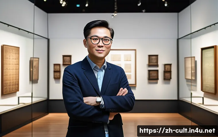 문화예술사 자격증 취득 후 진로 - A professional museum curator in a modern exhibition hall, arranging historical artifacts and ancien...