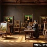 문화예술사 면접 준비 팁 - A highly detailed Renaissance art studio scene featuring Leonardo da Vinci painting the Mona Lisa. T...