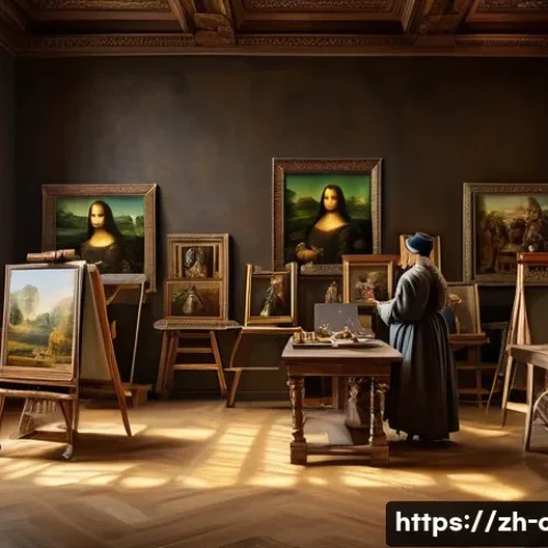 문화예술사 면접 준비 팁 - A highly detailed Renaissance art studio scene featuring Leonardo da Vinci painting the Mona Lisa. T...