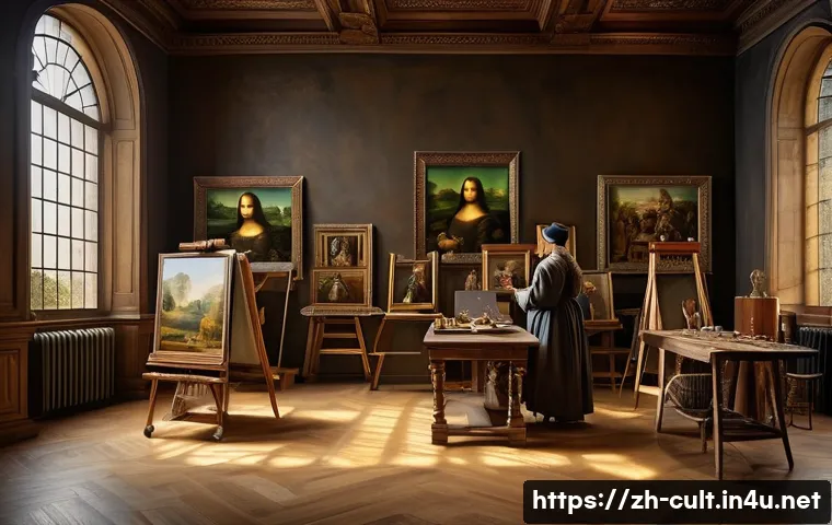 문화예술사 면접 준비 팁 - A highly detailed Renaissance art studio scene featuring Leonardo da Vinci painting the Mona Lisa. T...