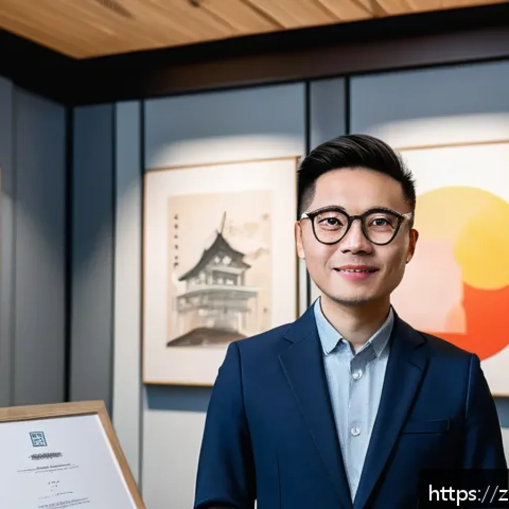 문화예술사 자격증과 창작 프로젝트의 연계 - A confident Chinese contemporary artist in a modern creative studio, proudly holding a cultural arts...