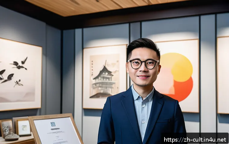 문화예술사 자격증과 창작 프로젝트의 연계 - A confident Chinese contemporary artist in a modern creative studio, proudly holding a cultural arts...