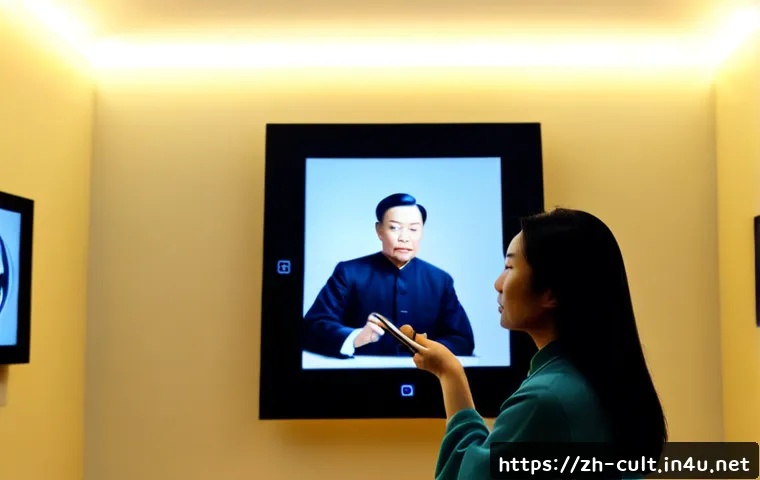 문화예술사와 디지털 아트의 접목 사례 - Photorealistic museum gallery where a large classical oil portrait is reimagined as a luminous inter...