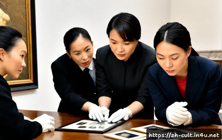 문화예술사로서 일하기 위한 팀워크의 중요성 - Photorealistic museum curatorial team collaborating around a large archival table, diverse adult art...
